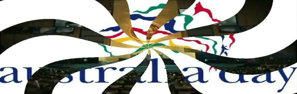 Sam Kekovich UN Speech (2010), scene 1 at 00:03: The ad opens with a swirling, hypnotic black-and-white pattern. This morphs into the colourful logo of the "Australia Council," which depicts the continent made of flowing, multi-coloured ribbons.
