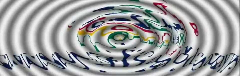 Sam Kekovich UN Speech (2010), scene 1 at 00:01: The ad opens with a swirling, hypnotic black-and-white pattern. This morphs into the colourful logo of the "Australia Council," which depicts the continent made of flowing, multi-coloured ribbons.