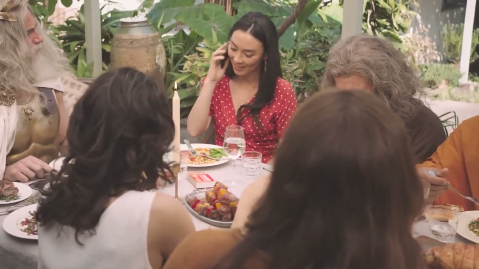 Gods (You Never Lamb Alone) (2017), scene 6 at 01:22: The hostess answers her phone. The conversation implies the caller is the prophet Muhammad.