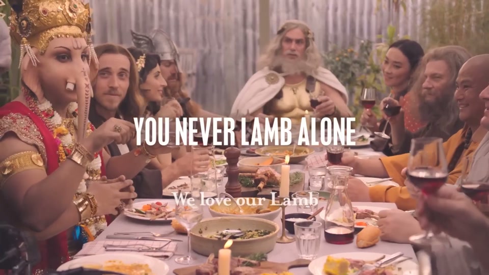 Gods (You Never Lamb Alone) (2017), scene 8 at 02:06: The guests debate what to toast. L. Ron Hubbard proposes "science." An alien guest makes a gurgling sound. The hostess suggests toasting lamb itself. The entire table raises their glasses in agreement.