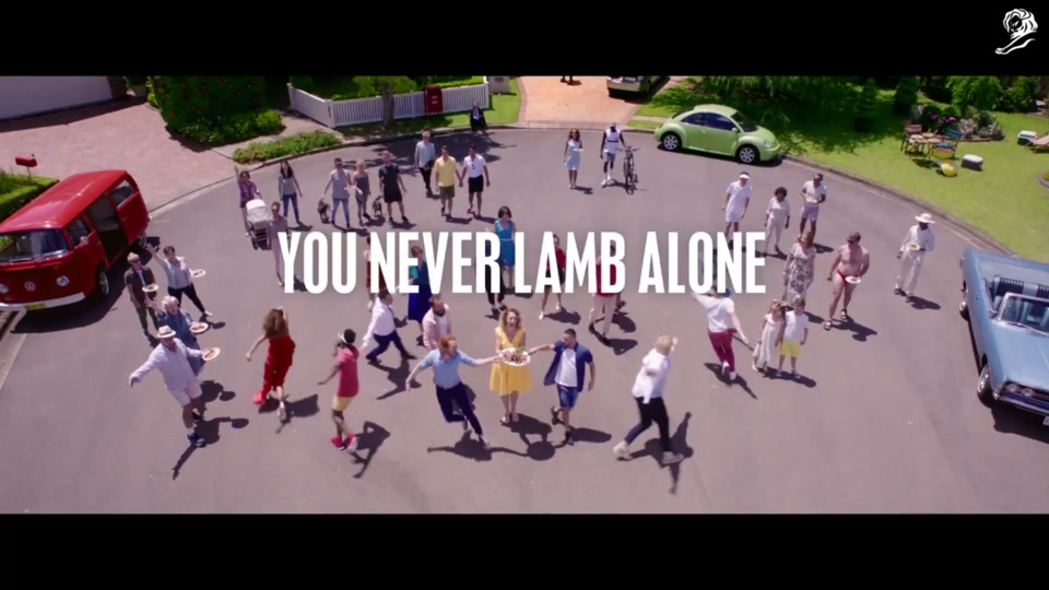 Lamb Side Story (2018), scene 6 at 02:35: The woman in yellow sings directly to the gangs, telling them their outrage has gone too far just as the lamb is ready. She holds up the sizzling platter of lamb. The sight and smell of the lamb pacifies the crowd.