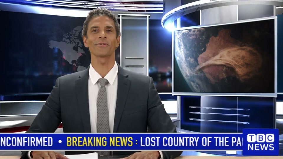 The Lost Country of the Pacific (2022), scene 5 at 02:05: A montage of global reactions. A newspaper, the *London Tribune*, has the headline "AUSTRALIA IS BACK!". A Russian news report shows a map of Australia.