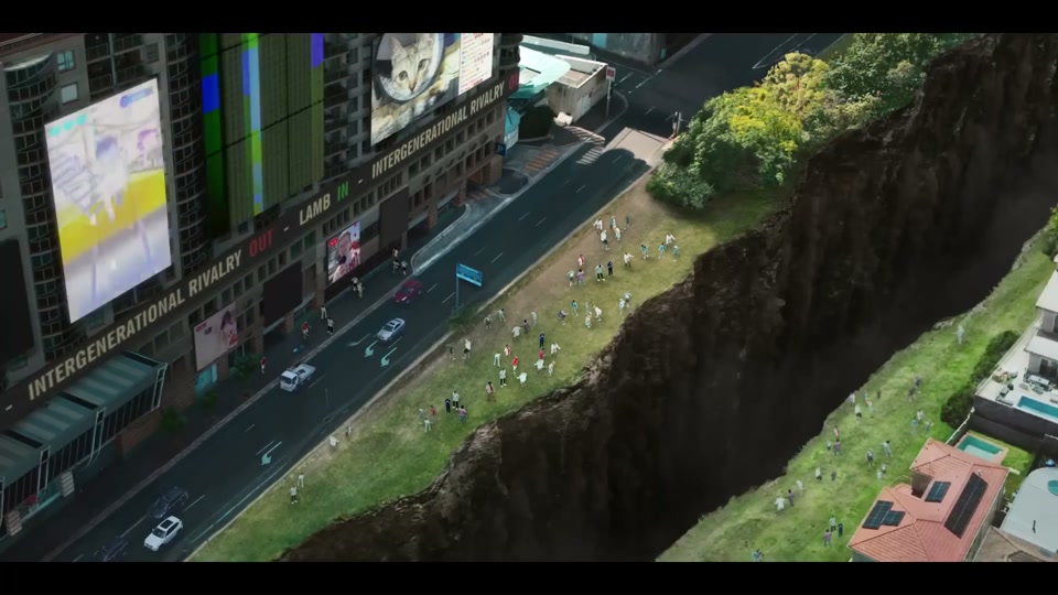 The Generation Gap (2024), scene 5 at 02:08: As the generations stare at the lamb, the chasm begins to close. The separate landmasses drift back together. Seeing this, the groups start shouting conciliatory statements, finding common ground.