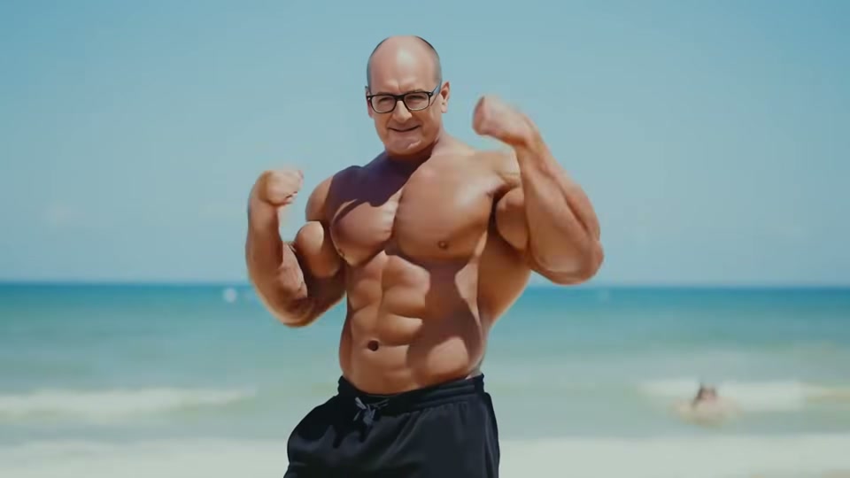 The Comments Section (2025), scene 4 at 01:05: The scene shifts to a man with a heavily muscled, artificial-looking physique flexing on a beach, with the comment section grandstand watching him. The debate shifts to whether his physique is natural or AI-generated.