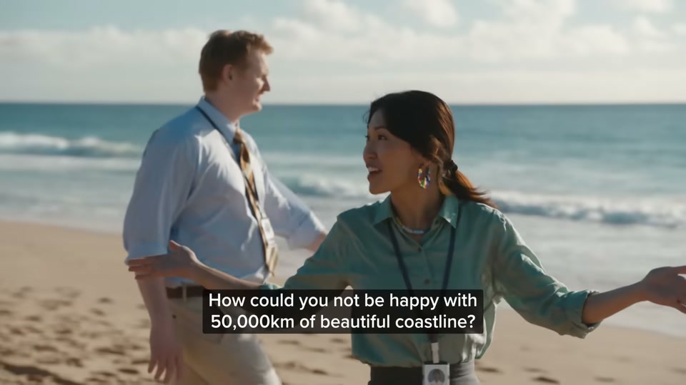 Happiness Index (2026), scene 3 at 00:53: The scene shifts to a vast, beautiful, and empty beach at sunrise. The two Australian aides walk with the three auditors. The auditors look unimpressed.